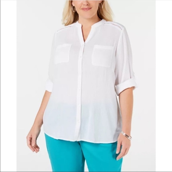 NEW Charter Club Plus Size White Blouse Button Up Shirt Roll Tab 3/4 Sleeves 0X - Picture 1 of 9